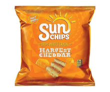 SunChips Harvest Cheddar whole grain snack bag, orange front with cheese and chips