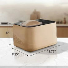 Taupe compact automatic ice cream maker shown with size dimensions overlay