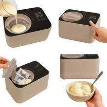 Taupe ice cream maker showing pouring base into the open bowl and spoonfuls