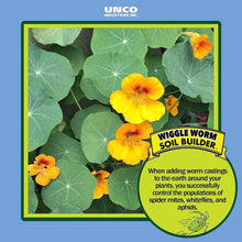 Worm soil builder fertilizer label graphic with yellow flowers and pest control note
