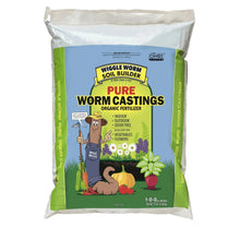 Organic worm castings fertilizer bag with green and blue label and illustrated worm