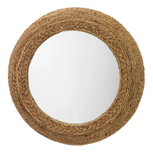 Round seagrass wall mirror, woven tan circular frame with clear glass center.