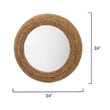 Round seagrass wall mirror, 24 in, woven tan frame with circular glass center
