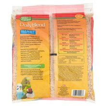 Parakeet daily blend nutrition diet bag, front and back view with printed label