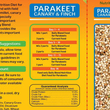 Parakeet canary and finch feeding chart and guaranteed analysis label close-up