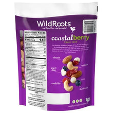 Coastal berry trail mix pouch back with nutrition facts panel and serving info