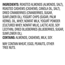 Trail mix ingredients list with roasted almonds, cashews, cranberries, and blueberries