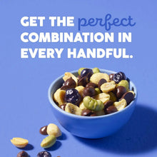 Bowl of protein trail mix with blueberries, peanuts, chocolatey chips, and roasted edamame