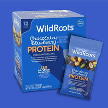 12-pack protein trail mix box with chocolatey blueberry single pouch
