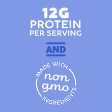 Non-GMO label with 12g protein per serving seal