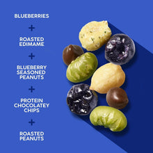 Trail mix ingredient callouts: blueberries, roasted edamame, seasoned peanuts, protein chips