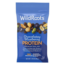 Chocolatey blueberry protein trail mix pouch with 12g protein per serving