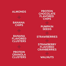 Trail mix ingredient list icons: almonds, banana chips, pumpkin seeds, strawberries