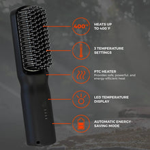 Ionic beard straightener brush with black heated bristle head and control panel