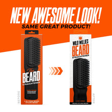 Wild Willies beard straightener packaging showing brush before-and-after use