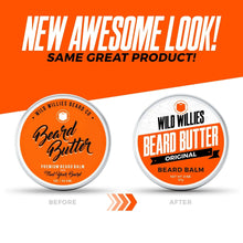 Wild Willies Beard Butter tin, Original label shown in before and after