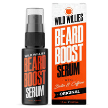 Beard boost serum bottle and cardboard box, black and orange label