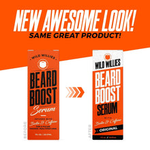 Beard boost serum box pair showing before and after packaging
