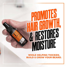 Beard boost serum mini bottle held in hand, black with orange label