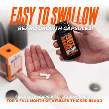 Beard growth supplement bottle held above open palm with a capsule