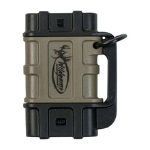 Compact SD card reader accessory with tan and black housing and lanyard loop