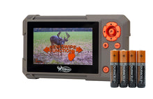 Trail camera SD card reader with color screen, orange controls, and four orange batteries attached