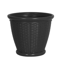 Dark woven wicker-style decorative planter with flared rim and round base