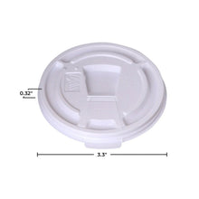 White drink-thru cup lid with tear-back tab, underside view