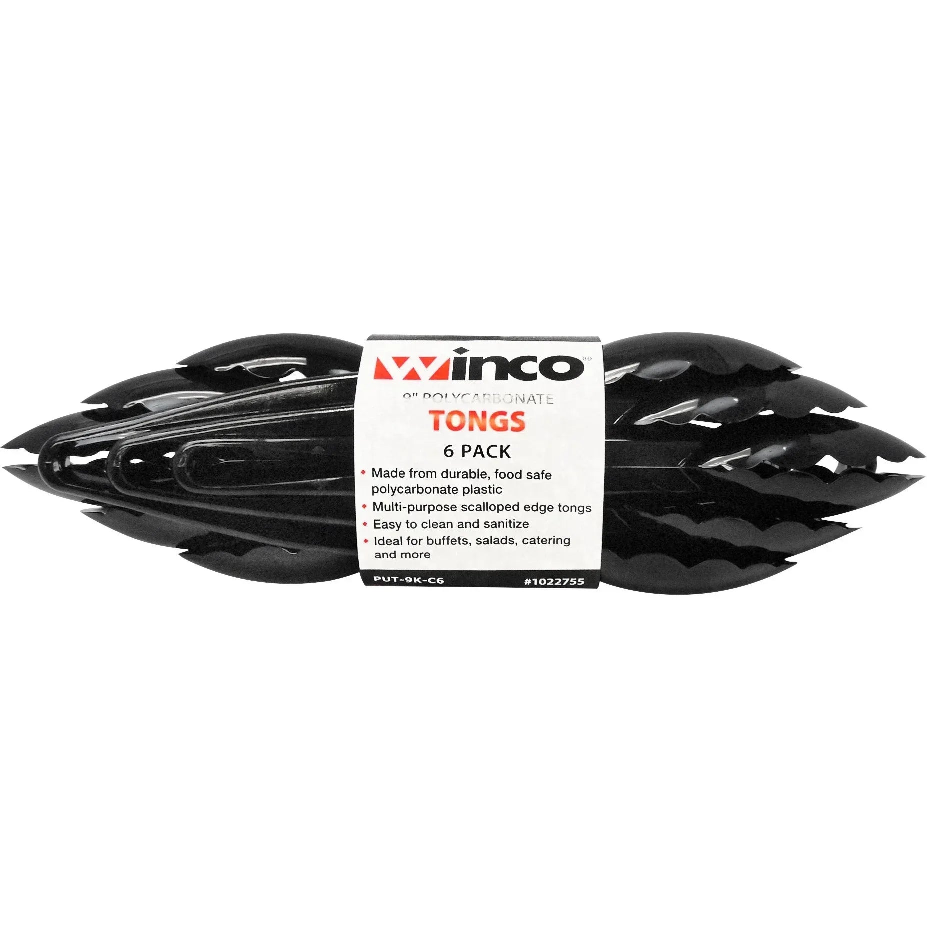 Winco 9" Plastic Tongs, Black, 6-count