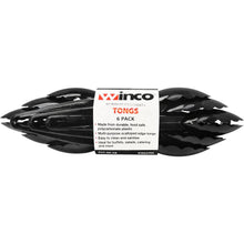 Pack of 6 black plastic tongs with Winco label