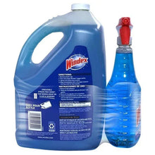 Windex Original glass cleaner: blue jug with back label and small bottle with red cap.