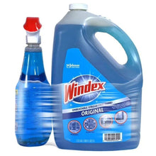 Windex Original glass cleaner: blue jug and small spray bottle with red caps.