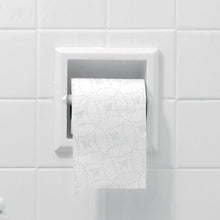 White 2-ply bath tissue sheets in wall-mounted toilet paper holder.