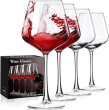 Set of 4 red wine glasses, hand-blown clear goblets with burgundy wine in view