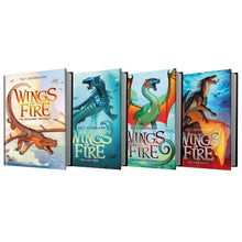 Four paperback graphic novels with dragon cover art in blue, green, orange, and red