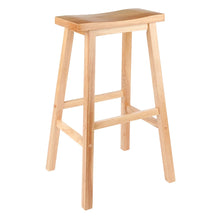 Natural wood bar stool with square saddle-style seat and open lower frame