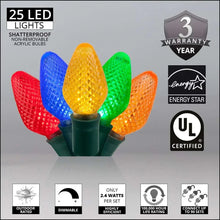 C7 LED Christmas light set with 25 bulbs, energy efficiency and warranty icons