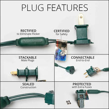C7 LED string light plug features, connectable end-to-end and protected fuses