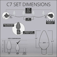 C7 LED Christmas light string dimensions, 8-inch bulb spacing and 17-foot length