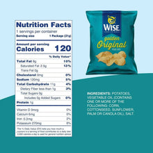 Wise Ridgies Golden Original potato chips snack bag with nutrition facts