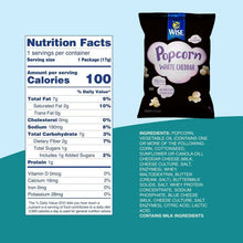 Popcorn White Cheddar snack bag with nutrition facts panel