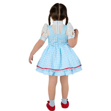 Kids blue Dorothy dress costume with apron, shown from the back with bow accents