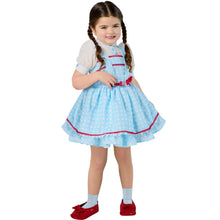 Kids blue Dorothy dress costume with apron and red trim, close-up front view with bow