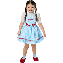 Kids blue Dorothy dress costume with apron and red ribbon bows, short petticoat skirt