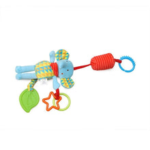 Elephant plush hanging rattle with green teether, orange star ring, and blue loop