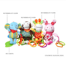 Plush hanging rattle toys with elephant, bear, lion, and rabbit figures