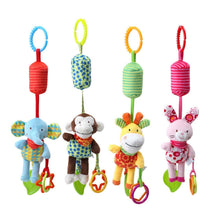 Plush hanging baby rattle set: elephant, bear, lion, and rabbit figures with rings