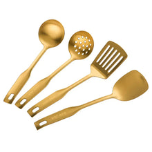 Golden cooking utensil set with ladle, skimmer, slotted spatula and perforated spoon.