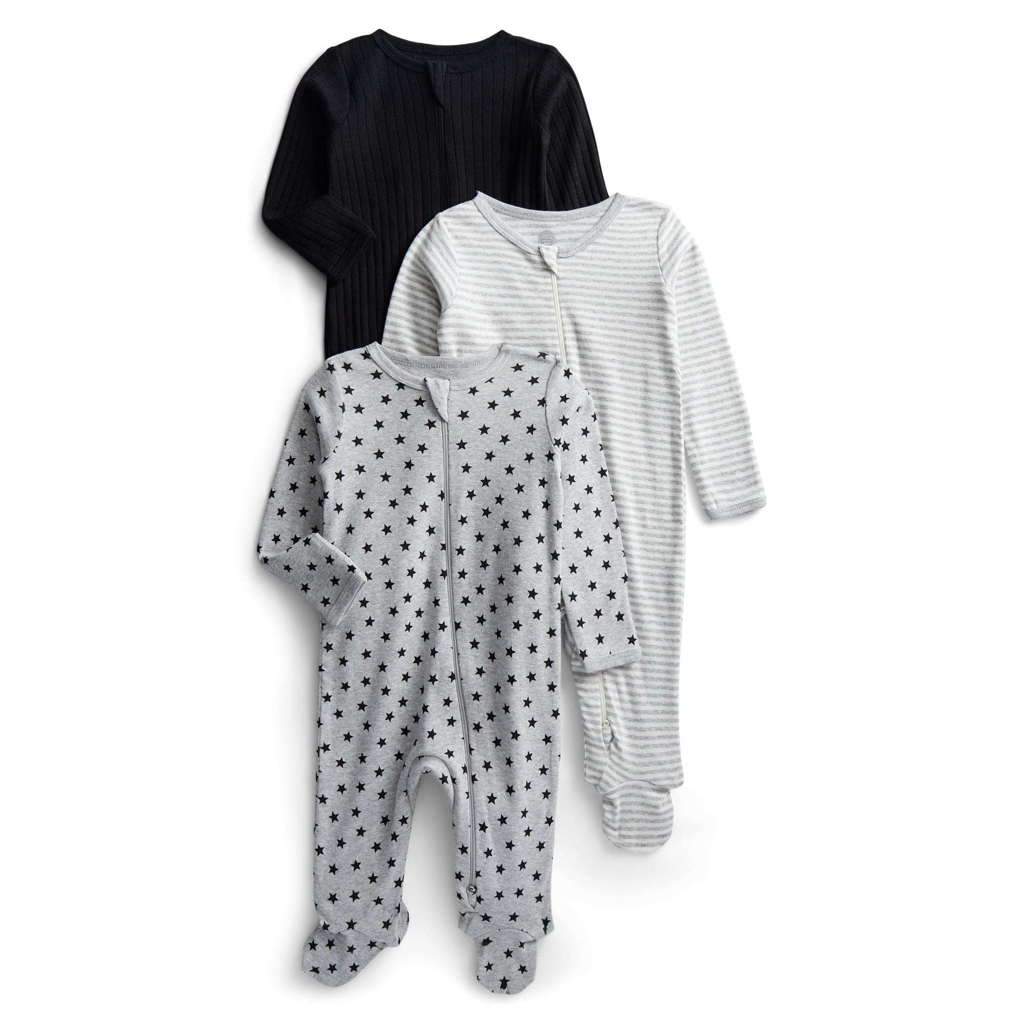 Wonder Nation Organic Cotton Baby Unisex Zip Front Footed Sleep N Play Pajamas, 3-Pack, Sizes Preemie-6/9 Months