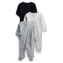 Black and white star & striped footed zip pajamas, ribbed knit, zip front